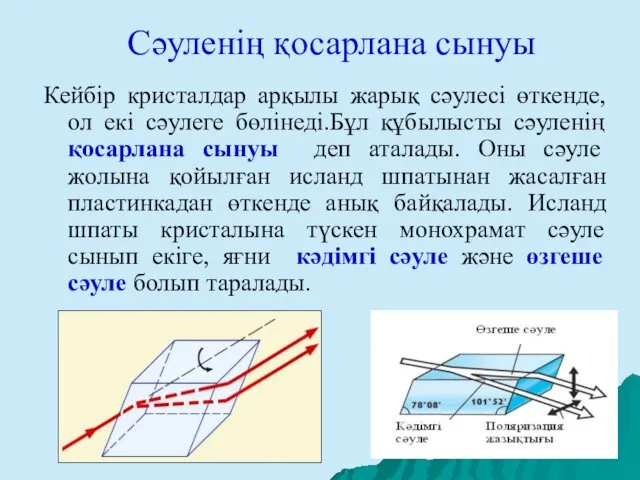 Сәуленің қосарлана сынуы Кейбір кристалдар арқылы жарық сәулесі өткенде, ол