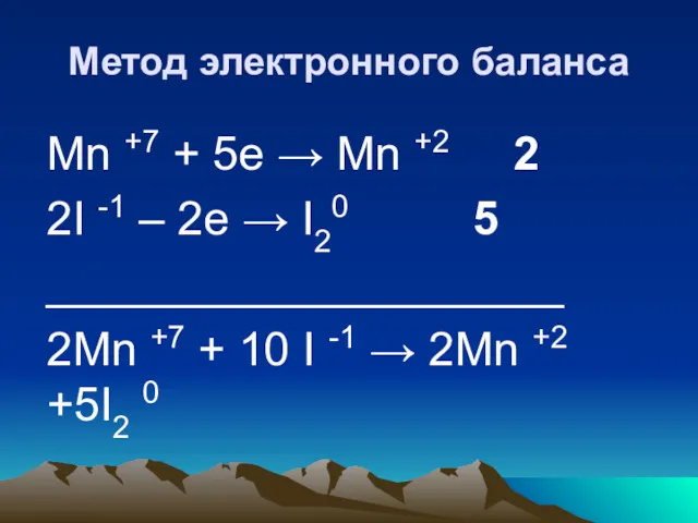 Метод электронного баланса Mn +7 + 5е → Mn +2