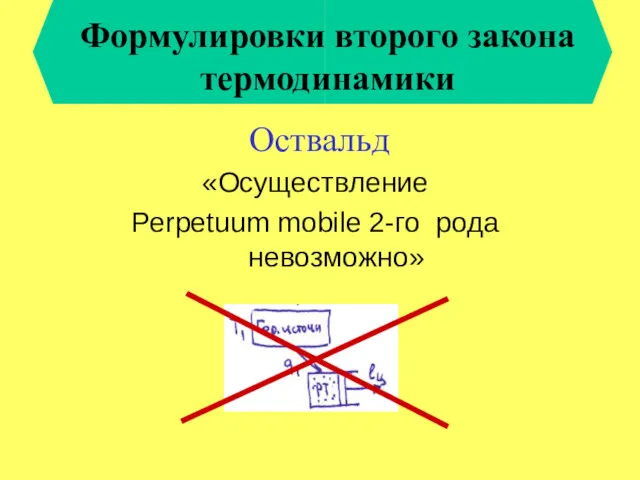 Оствальд «Осуществление Perpetuum mobile 2-го рода невозможно» Формулировки второго закона термодинамики