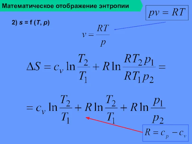 Математическое отображение энтропии 2) s = f (T, p)