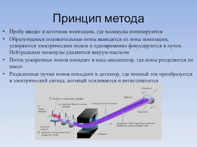 Принцип метода Пробу вводят в источник ионизации, где молекулы ионизируются