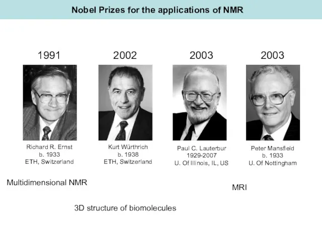 Nobel Prizes for the applications of NMR Richard R. Ernst