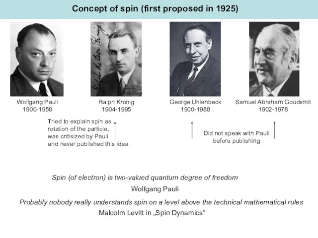 Concept of spin (first proposed in 1925) Ralph Kronig 1904-1995