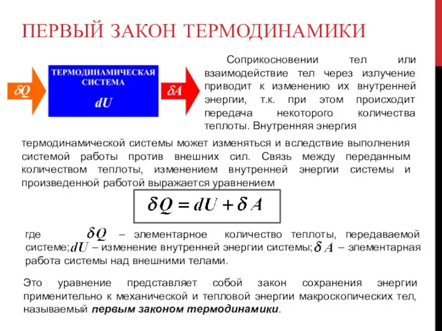 ПЕРВЫЙ ЗАКОН ТЕРМОДИНАМИКИ Соприкосновении тел или взаимодействие тел через излучение