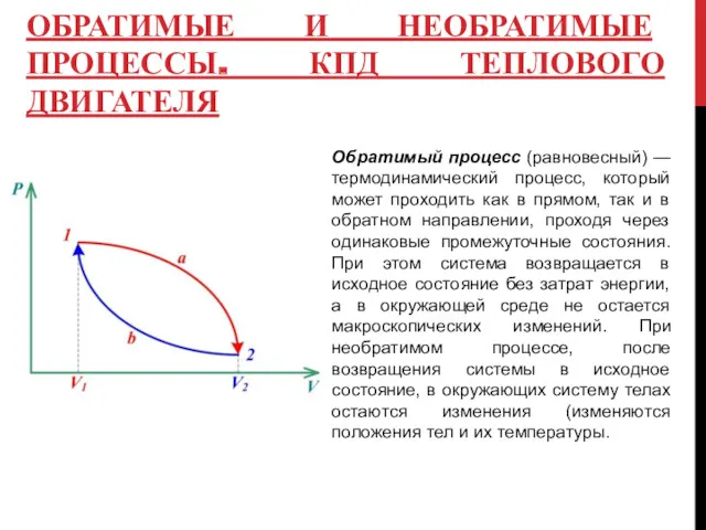 ОБРАТИМЫЕ И НЕОБРАТИМЫЕ ПРОЦЕССЫ. КПД ТЕПЛОВОГО ДВИГАТЕЛЯ Обратимый процесс (равновесный)