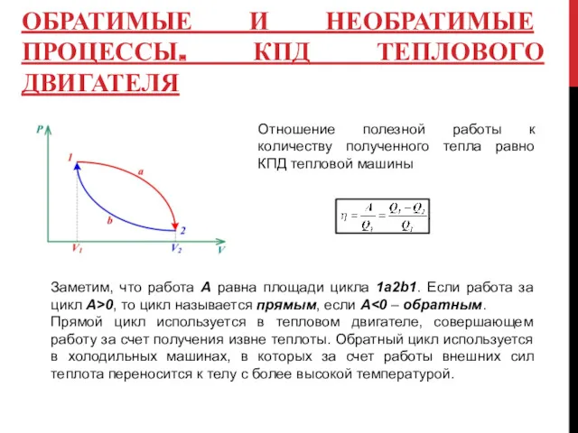 ОБРАТИМЫЕ И НЕОБРАТИМЫЕ ПРОЦЕССЫ. КПД ТЕПЛОВОГО ДВИГАТЕЛЯ Отношение полезной работы