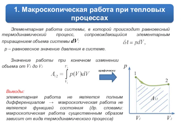 1. Макроскопическая работа при тепловых процессах Элементарная работа системы, в