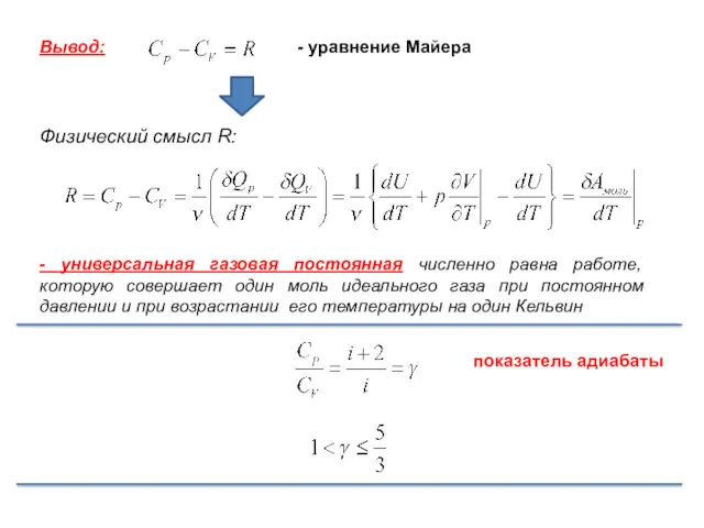 Вывод: - уравнение Майера Физический смысл R: - универсальная газовая