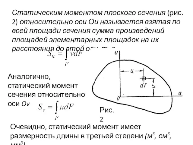 Статическим моментом плоского сечения (рис. 2) относительно оси Ои называется