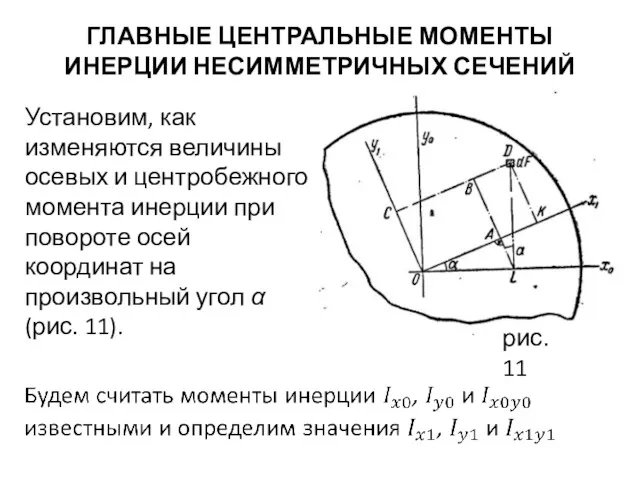 ГЛАВНЫЕ ЦЕНТРАЛЬНЫЕ МОМЕНТЫ ИНЕРЦИИ НЕСИММЕТРИЧНЫХ СЕЧЕНИЙ Установим, как изменяются величины