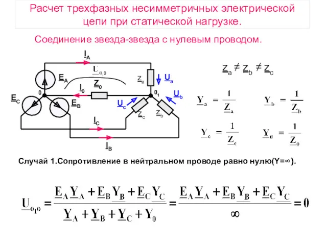 Расчет трехфазных несимметричных электрической цепи при статической нагрузке. Соединение звезда-звезда с нулевым проводом