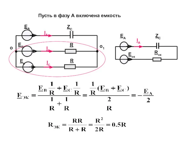 Пусть в фазу А включена емкость o o1 EA Eэк IA ZС Rэк