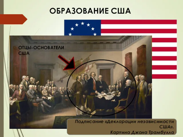 ОБРАЗОВАНИЕ США Подписание «Декларации независимости США». Картина Джона Трамбулла ОТЦЫ-ОСНОВАТЕЛИ США