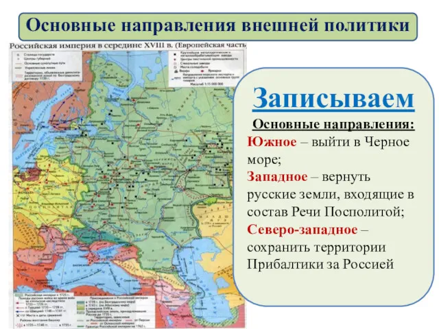 Записываем Основные направления: Южное – выйти в Черное море; Западное