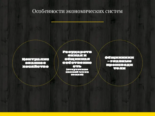 Особенности экономических систем Государственная и общинная собственность (отсутствие полной ч/с