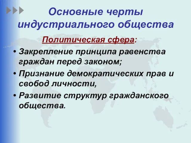 Основные черты индустриального общества Политическая сфера: Закрепление принципа равенства граждан