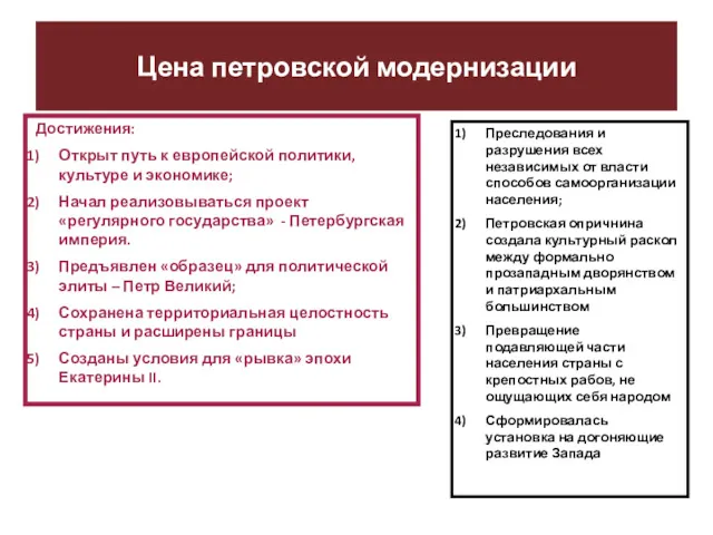 Цена петровской модернизации Достижения: Открыт путь к европейской политики, культуре