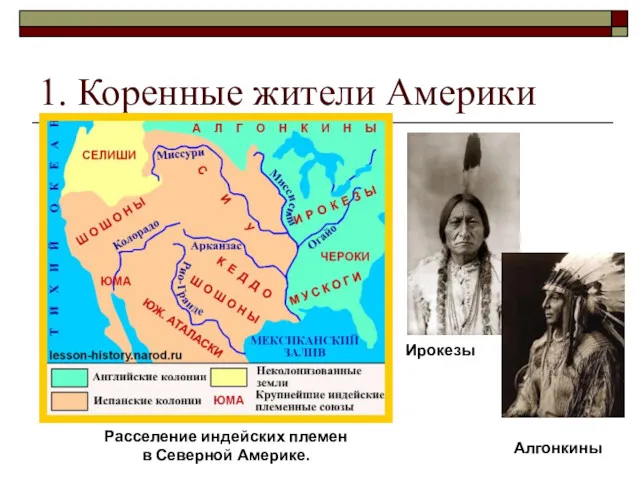 1. Коренные жители Америки Расселение индейских племен в Северной Америке. Ирокезы Алгонкины