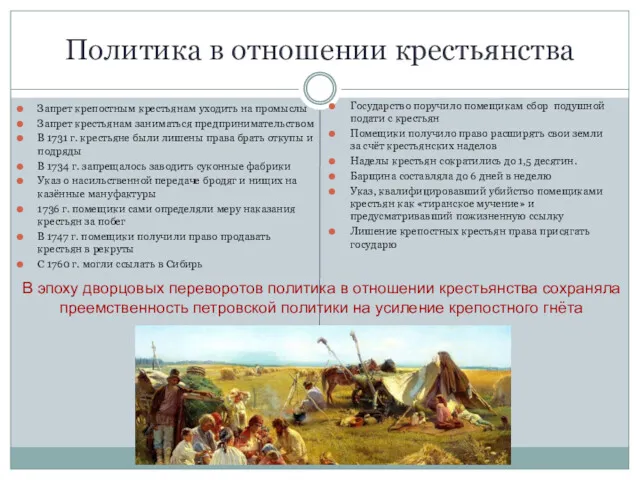 Политика в отношении крестьянства Государство поручило помещикам сбор подушной подати