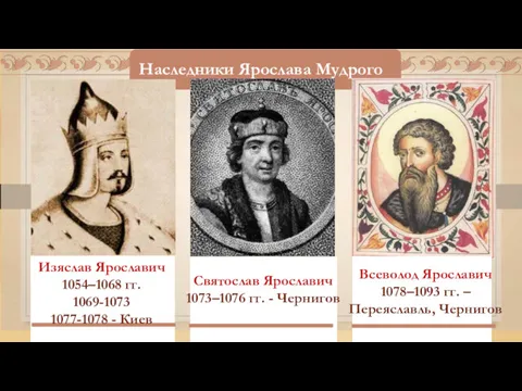 Наследники Ярослава Мудрого Изяслав Ярославич 1054–1068 гг. 1069-1073 1077-1078 -