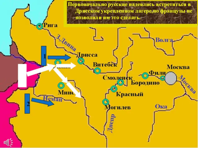 Действия французов заставили русское командо-вание начать отступление,чтобы не дать Напо-леону