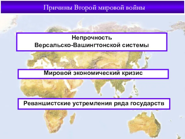 Причины Второй мировой войны Непрочность Версальско-Вашингтонской системы Мировой экономический кризис Реваншистские устремления ряда государств