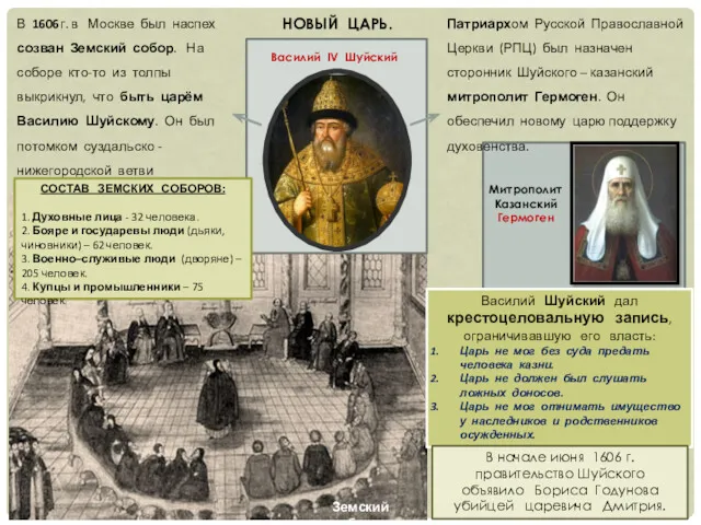 НОВЫЙ ЦАРЬ. Василий IV Шуйский В 1606г. в Москве был наспех созван Земский
