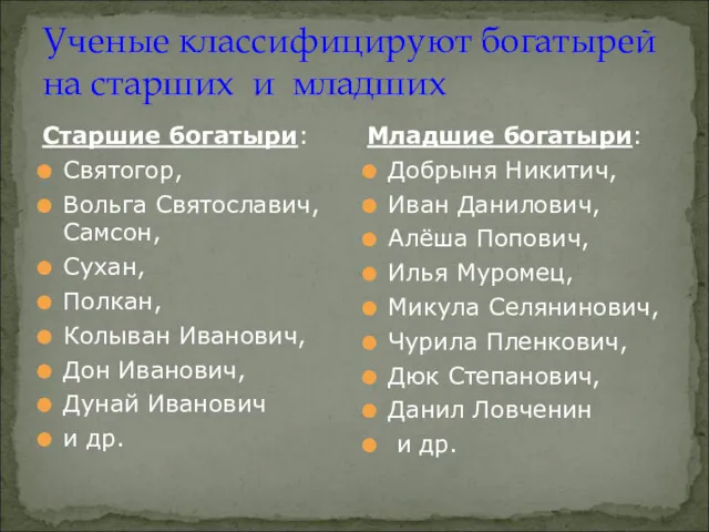 Ученые классифицируют богатырей на старших и младших Старшие богатыри: Святогор,