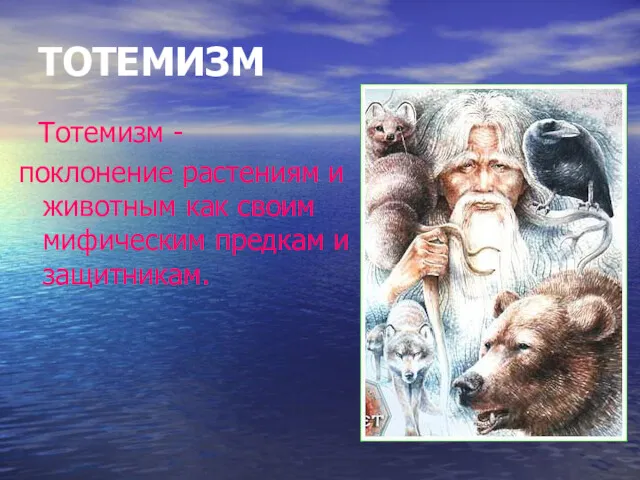 ТОТЕМИЗМ Тотемизм - поклонение растениям и животным как своим мифическим предкам и защитникам.