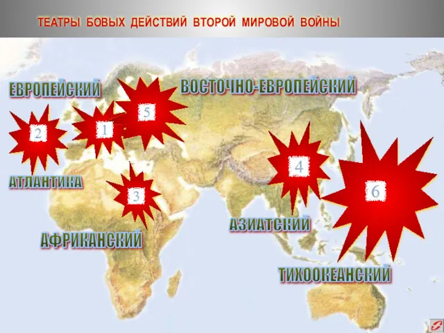 ТЕАТРЫ БОВЫХ ДЕЙСТВИЙ ВТОРОЙ МИРОВОЙ ВОЙНЫ ВОСТОЧНО-ЕВРОПЕЙСКИЙ АТЛАНТИКА ЕВРОПЕЙСКИЙ АФРИКАНСКИЙ ТИХООКЕАНСКИЙ АЗИАТСКИЙ