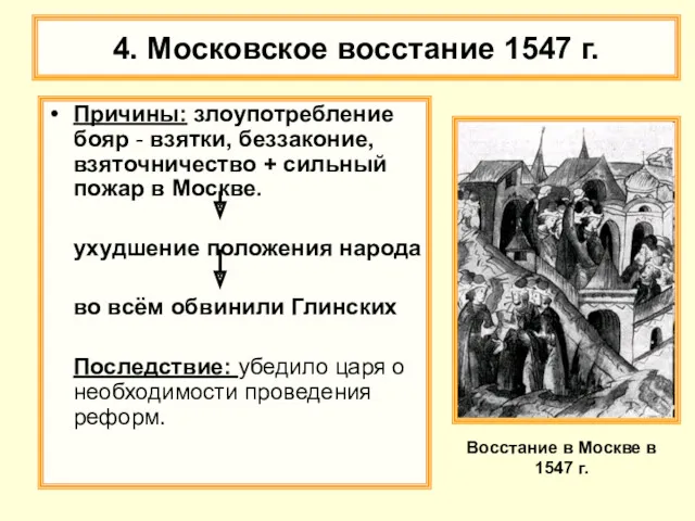 4. Московское восстание 1547 г. Причины: злоупотребление бояр - взятки,