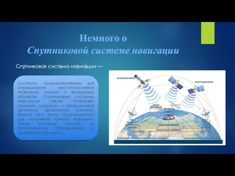 Немного о Спутниковой системе навигации Спу́тниковая систе́ма навига́ции —