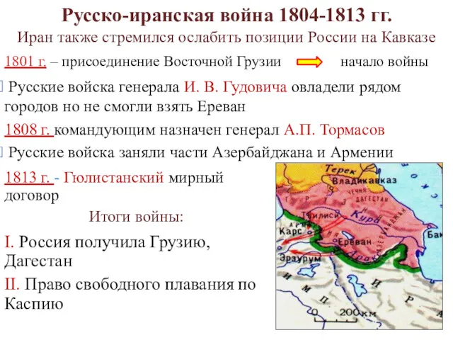 Русско-иранская война 1804-1813 гг. Иран также стремился ослабить позиции России