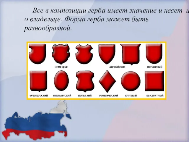 Все в композиции герба имеет значение и несет информацию о владельце. Форма герба может быть разнообразной.