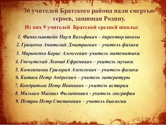 36 учителей Братского района пали смертью героев, защищая Родину. Из