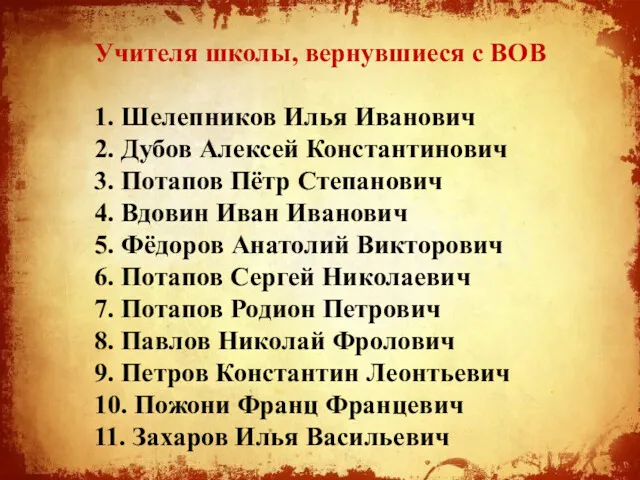 Учителя школы, вернувшиеся с ВОВ 1. Шелепников Илья Иванович 2.