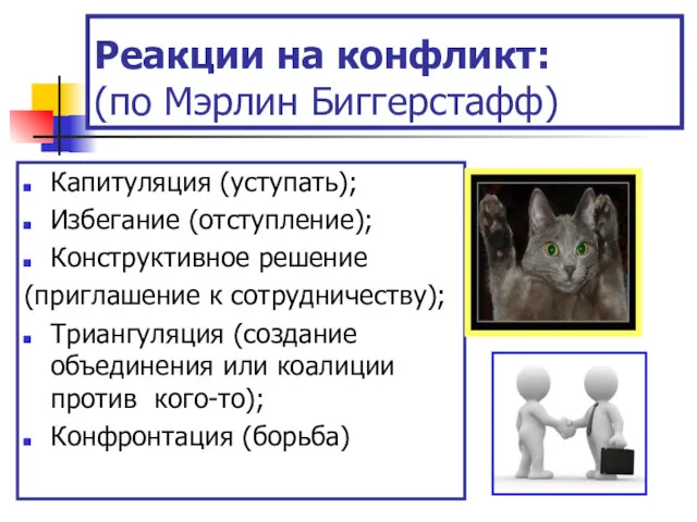 Реакции на конфликт: (по Мэрлин Биггерстафф) Капитуляция (уступать); Избегание (отступление);