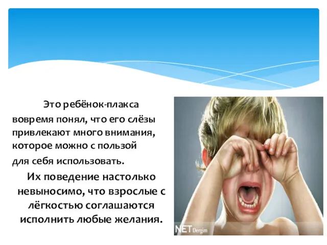 Это ребёнок-плакса вовремя понял, что его слёзы привлекают много внимания,