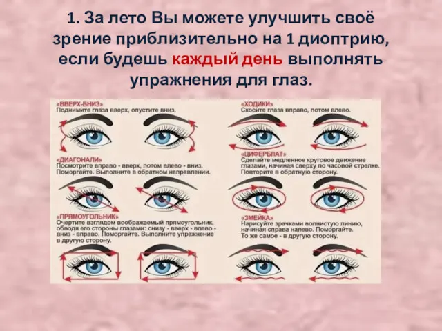 1. За лето Вы можете улучшить своё зрение приблизительно на 1 диоптрию, если