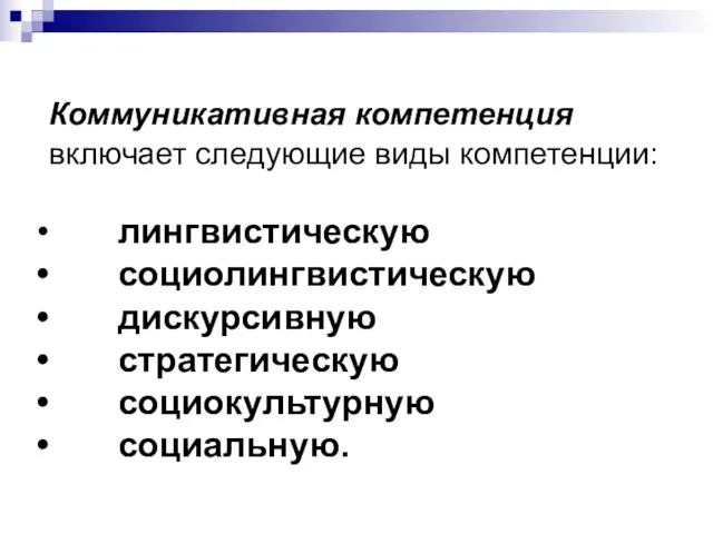 Коммуникативная компетенция включает следующие виды компетенции: лингвистическую cоциолингвистическую дискурсивную стратегическую социокультурную социальную.