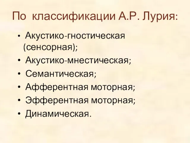 По классификации А.Р. Лурия: Акустико-гностическая (сенсорная); Акустико-мнестическая; Семантическая; Афферентная моторная; Эфферентная моторная; Динамическая.