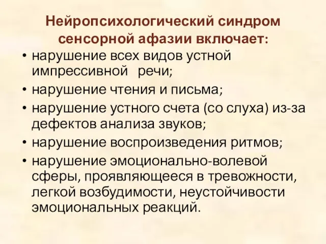 Нейропсихологический синдром сенсорной афазии включает: нарушение всех видов устной импрессивной