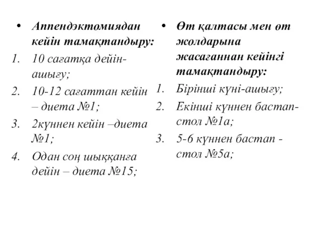 Аппендэктомиядан кейін тамақтандыру: 10 сағатқа дейін- ашығу; 10-12 сағаттан кейін