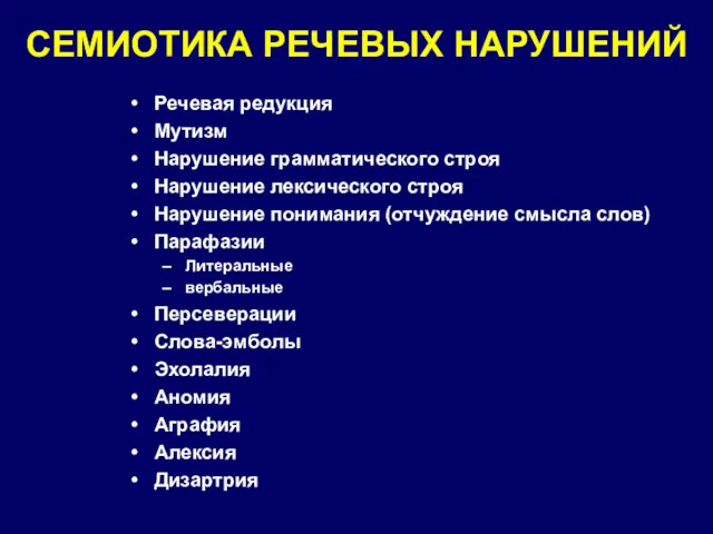 СЕМИОТИКА РЕЧЕВЫХ НАРУШЕНИЙ Речевая редукция Мутизм Нарушение грамматического строя Нарушение