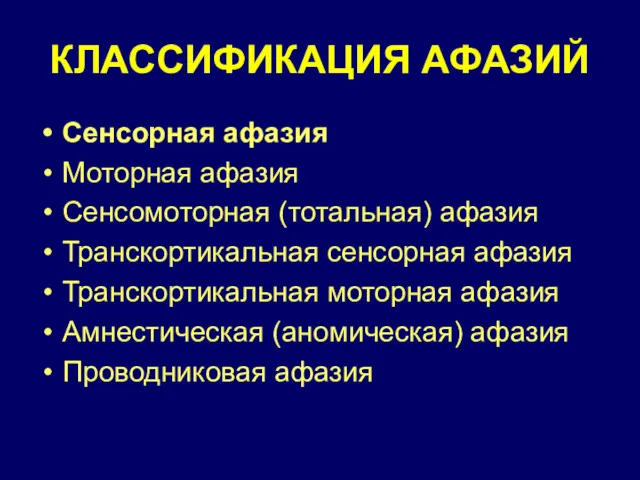 КЛАССИФИКАЦИЯ АФАЗИЙ Сенсорная афазия Моторная афазия Сенсомоторная (тотальная) афазия Транскортикальная