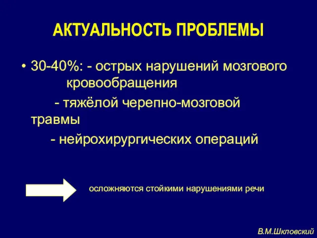 АКТУАЛЬНОСТЬ ПРОБЛЕМЫ 30-40%: - острых нарушений мозгового кровообращения - тяжёлой