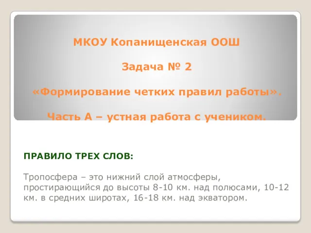 МКОУ Копанищенская ООШ Задача № 2 «Формирование четких правил работы».