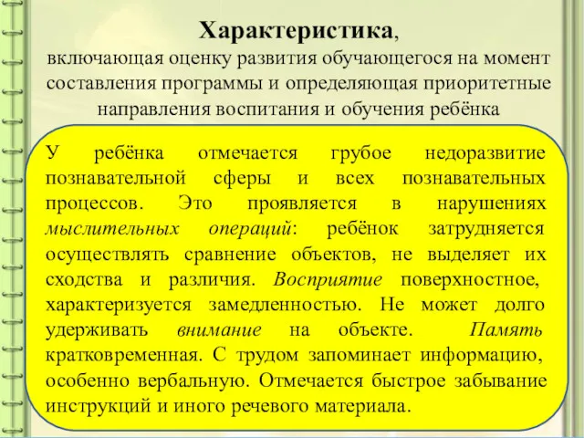 Характеристика, включающая оценку развития обучающегося на момент составления программы и определяющая приоритетные направления