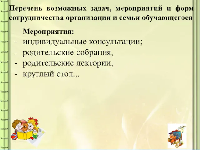 Перечень возможных задач, мероприятий и форм сотрудничества организации и семьи обучающегося Мероприятия: индивидуальные