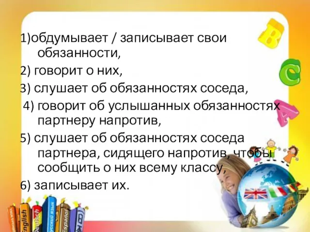 1)обдумывает / записывает свои обязанности, 2) говорит о них, 3)